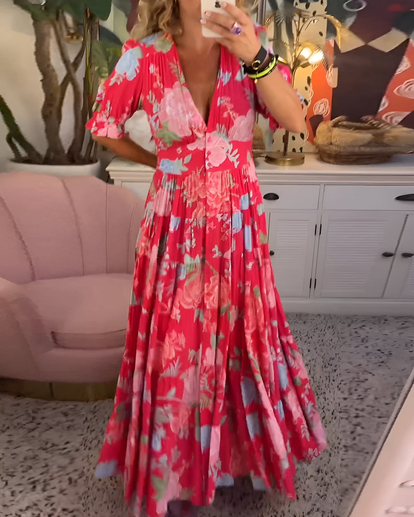 Carine | Pocket Dress with V-Neck Floral Print